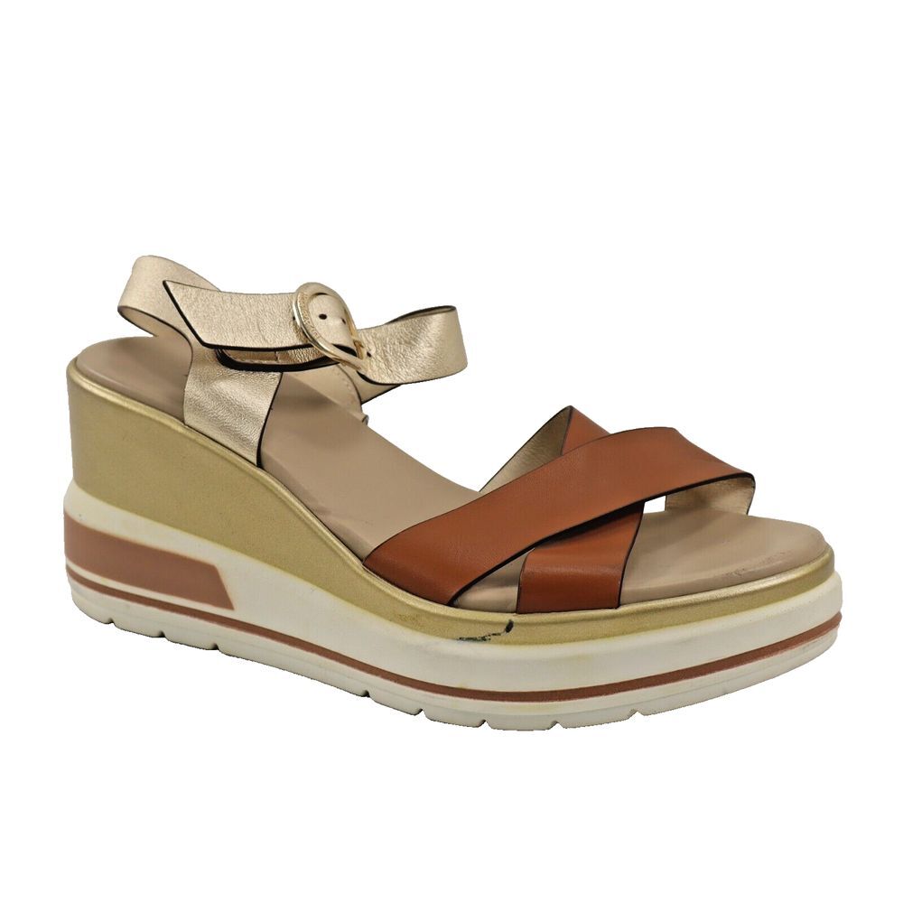 🔥Nero Giardini Mixed Leather Crisscross Wedge Sandals, Cognac 10.5 US/41 EU🔥